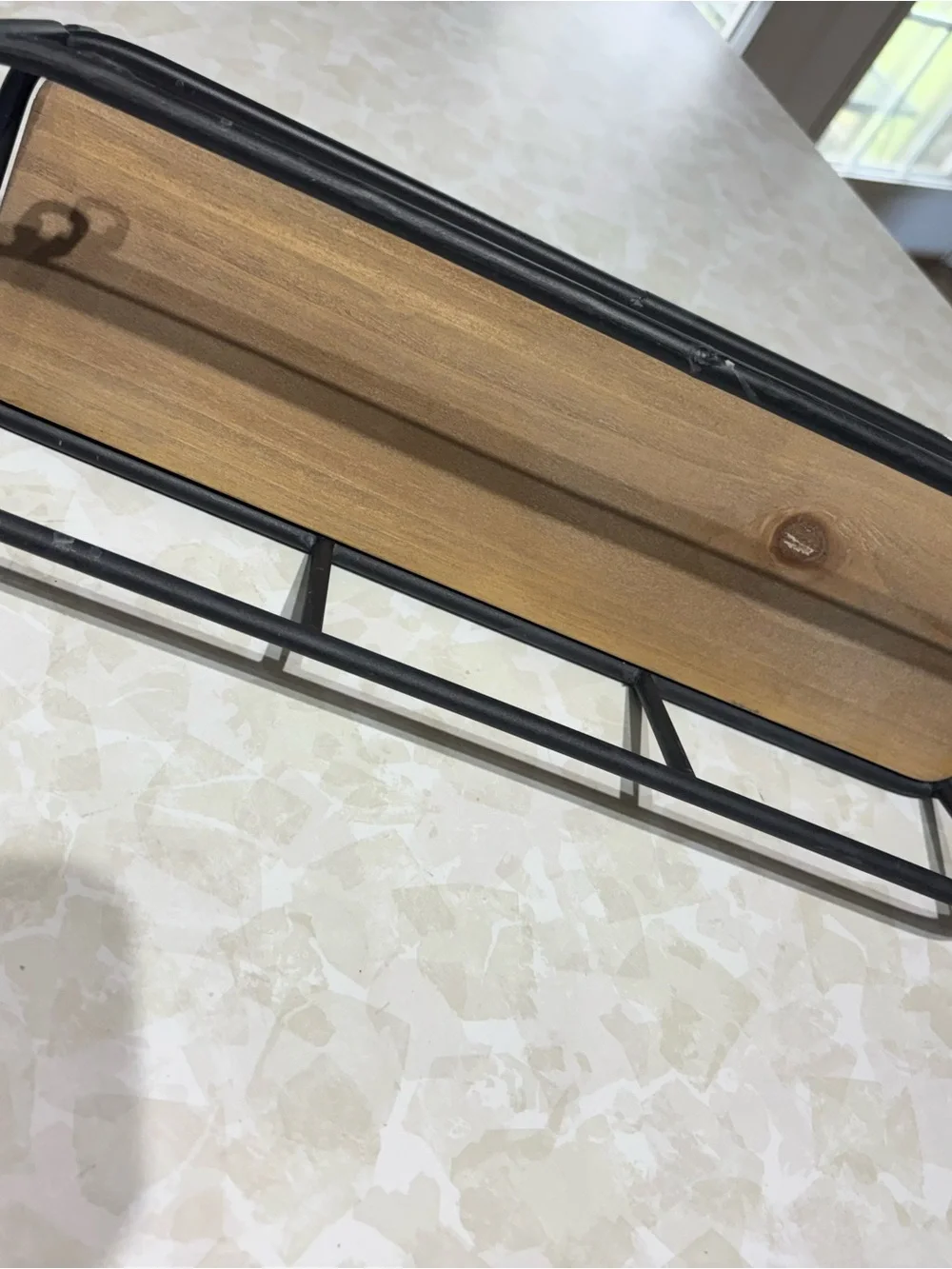 Rustic Black Metal Wall Shelf with Hooks and Wood Accent